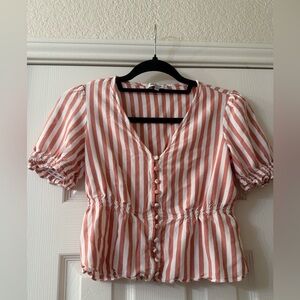 Madewell Pink and White Striped Button-Front Puff Sleeve Top